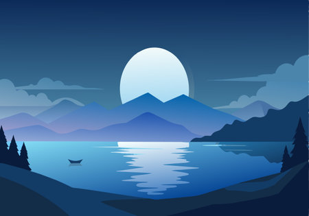 A serene and peaceful scene of a lake with a boat floating on it and a large moon in the skyのイラスト素材