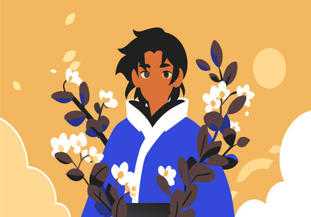 A man is standing in front of a bunch of flowers. The flowers are white and the man is wearing a blue jacket. The image has a calm and peaceful mood, as the man is surrounded by nature and the flowersのイラスト素材