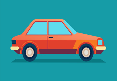 A cartoon car is parked on a blue background. The car is orange and has a white stripeのイラスト素材