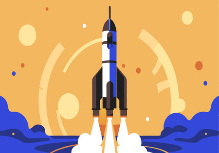 A rocket is launching into space with a blue and white color scheme. The rocket is surrounded by a...