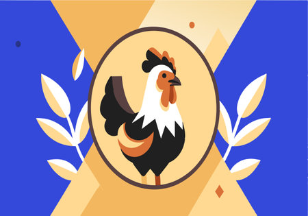 A chicken is standing in a circle with leaves. The chicken is black and whiteのイラスト素材