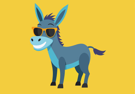 A cartoon donkey wearing sunglasses and a smile. The donkey is standing on a yellow background....