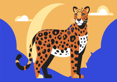 A cartoon drawing of a jaguar standing in front of a blue sky. The drawing is colorful and lively, with the jaguar looking at the camera. Scene is playful and energeticのイラスト素材