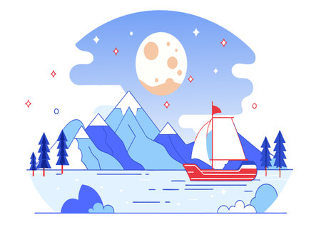 A boat sails on a lake at night with a full moon in the sky. The scene is peaceful and serene, with the boat and mountains in the backgroundのイラスト素材