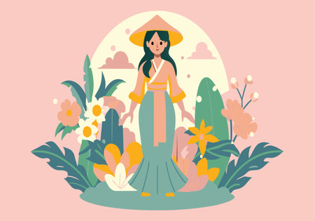 A woman in a green dress is standing in a field of flowers. The flowers are in various colors and sizes, and the woman is wearing a yellow hat. The scene is peaceful and sereneのイラスト素材