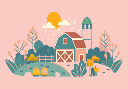 A farm scene with a barn and a house. The sky is cloudy and the sun is settingのイラスト素材