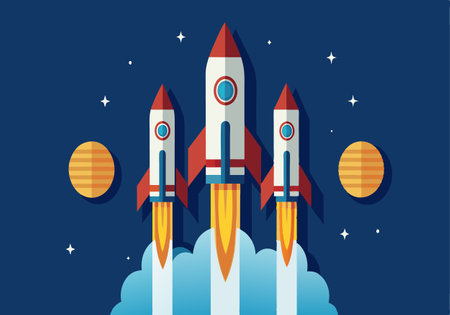 Three rockets are flying in the sky, with one of them having a yellow and red stripe. The other two rockets are white. The sky is blue and the stars are visibleのイラスト素材