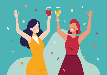 Two women are celebrating with a glass of wine. They are both smiling and holding their glasses up in the airのイラスト素材