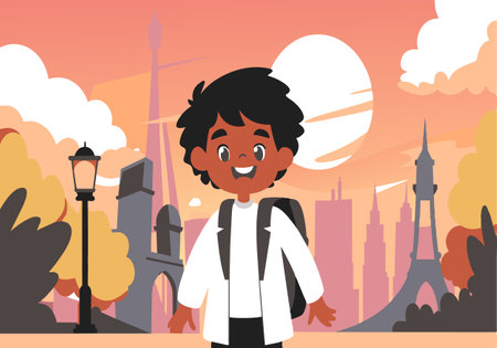 A young boy is standing in front of a city with a backpack on. He is smiling and looking towards the cameraのイラスト素材