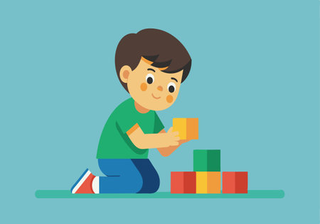 A boy is playing with blocks. He is sitting on the floor and holding a block. The blocks are in different colors and sizesのイラスト素材