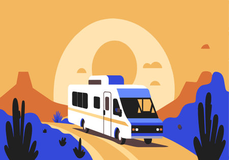 A white RV is driving down a road in the desert. The sky is orange and the sun is settingのイラスト素材