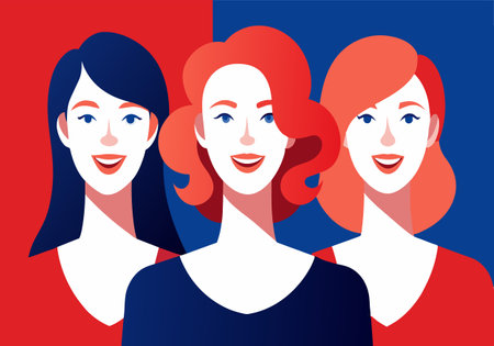 Three women smiling at the camera. The women are wearing red and blueのイラスト素材