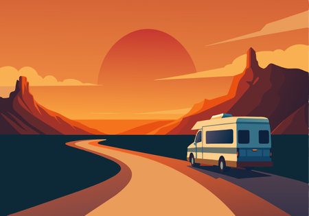 A white RV is driving down a road in the desert. The sky is orange and the sun is settingのイラスト素材