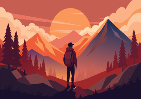 A man is standing on a mountain top, looking out at the horizon. The sky is orange and the sun is setting. The mountains in the background are covered in trees, creating a peacefulのイラスト素材
