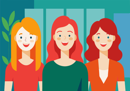 Three women are smiling and standing close to each other. They are wearing green and red clothing. Scene is happy and friendlyのイラスト素材