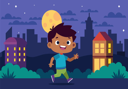 A young boy is walking in a park at night. The sky is dark and cloudy, and the moon is visible in the sky. The boy is smiling and he is enjoying his walkのイラスト素材