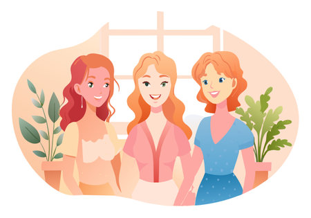 Three women are smiling at the camera. They are wearing pink and blue dresses. There is a potted plant in the backgroundのイラスト素材