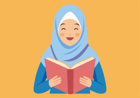 A young woman wearing a blue scarf is reading a book. She is smiling and she is enjoying her readingのイラスト素材