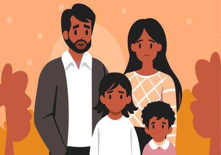 A family of four, a man and three children are standing in a park. The man is looking at the camera with a sad expression on his faceのイラスト素材