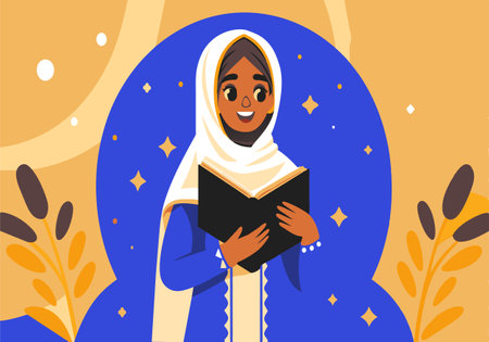 A woman wearing a white scarf is reading a book. The image has a happy and peaceful moodのイラスト素材