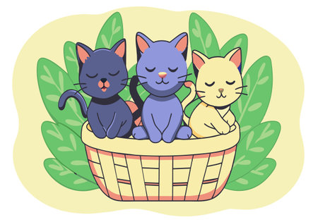 Three cats are sleeping in a basket. The basket is in a green leafy background. The cats are cute and peacefulのイラスト素材