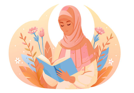 A woman wearing a pink scarf is reading a book. The book is blue and the woman is sitting in a gardenのイラスト素材