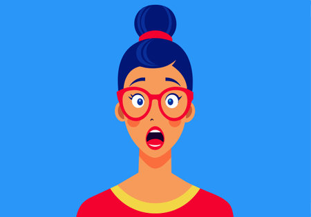 A woman with red glasses and a blue ponytail is looking surprised. The image has a bright and cheerful mood, with the blue background and the woman's bright red outfitのイラスト素材