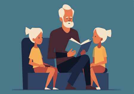 A man reads a book to two children. The children are sitting on a couch. The man is wearing a black shirtのイラスト素材