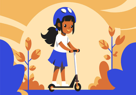 A girl is riding a scooter in a park. The girl is wearing a blue skirt and a blue helmet. The park is filled with trees and bushesのイラスト素材