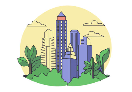 A cityscape with a green tree in the middle. The city is surrounded by a forest. The sky is cloudyのイラスト素材