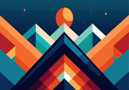 A colorful mountain range with a large orange moon in the sky. The mountains are in various shades of blue, green, and orange, creating a vibrant and dynamic sceneのイラスト素材