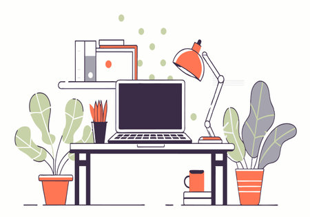 A desk with a laptop, a lamp, and a potted plant. The desk is cluttered with books and a cup. Concept of productivity and organization, with the laptopのイラスト素材