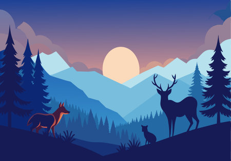 A mountain range with a deer and a cat in the foreground. The value is looking for the rightのイラスト素材