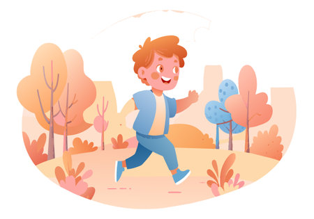 A boy is running in a park with trees in the background. He is smiling and he is enjoying himselfのイラスト素材