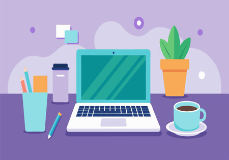 A laptop is on a table with a cup of coffee and a potted plant. The laptop is open and the coffee cup is placed next to itのイラスト素材