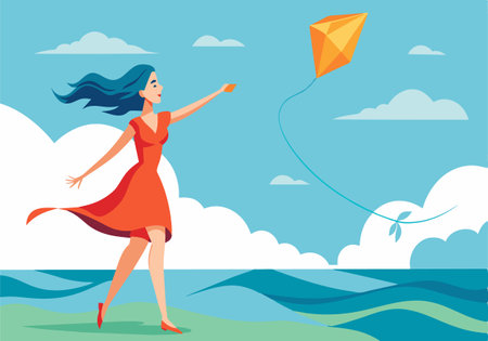 A woman in a red dress is flying a kite on a beach. The sky is blue and cloudy, and the ocean is in the background. The woman is enjoying herself as she flies the kiteのイラスト素材