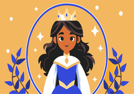 A young girl wearing a blue dress and a crown. She is smiling and looking at the cameraのイラスト素材