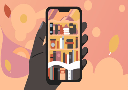 A hand holding a cell phone with a book shelf on the screen. Concept of reading and the importance of books in our livesのイラスト素材