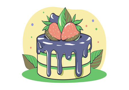 A cake with blue frosting and strawberries on top. The cake is decorated with green leavesのイラスト素材
