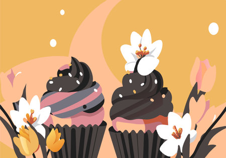 Two cupcakes with frosting and flowers on top. The cupcakes are placed next to each other on a yellow backgroundのイラスト素材