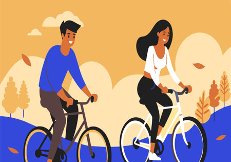 A man and a woman are riding bicycles in a park. The man is wearing a blue shirt and the woman is...