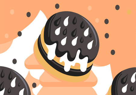 A close up of a chocolate cookie with white icing. The cookie is surrounded by other cookies, creating a pattern. The image has a playful and whimsical mood, with the cookies appearing to be in motionのイラスト素材