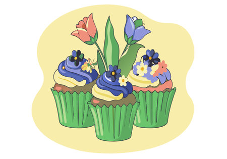 Three cupcakes with flowers on top. The cupcakes are green and have blue frostingのイラスト素材