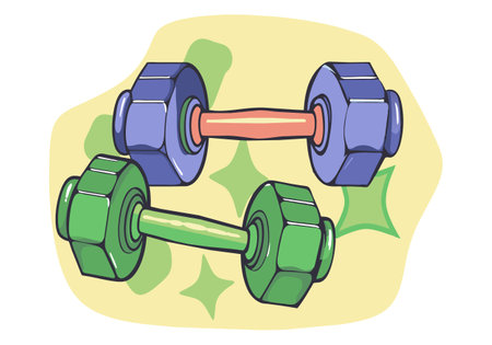 Two dumbbells with green and blue handles. The blue dumbbell is on the left and the green dumbbell is on the rightのイラスト素材