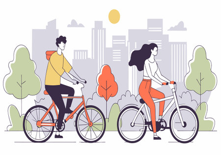 Two people are riding bicycles in a park. The man is wearing a yellow shirt and the woman is wearing a white shirt. The scene is peaceful and relaxing, with the sun shining down on the ridersのイラスト素材