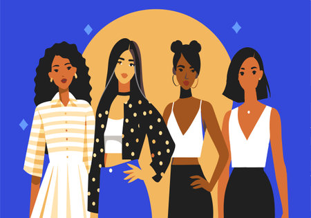 Four women are standing in a row, each wearing a different outfit. The image is a colorful and vibrant representation of the diversity and beauty of black womenのイラスト素材