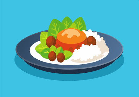 A plate of food with rice and vegetables. The plate is blue and white. The food is colorful and appetizingのイラスト素材