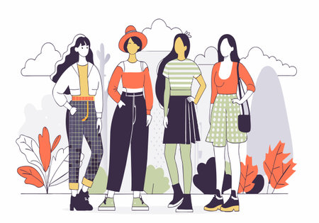 Four women are standing in a park, wearing different outfits and accessories. They are posing for a picture, and one of them is wearing a hat. The scene has a casual and relaxed vibeのイラスト素材