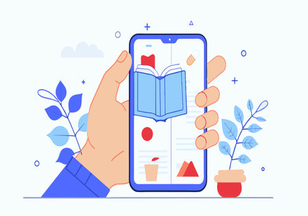 A hand holding a tablet with a book on it. The book is open and the tablet is displaying the book's title. Concept of reading and learning, and the mood is calm and focusedのイラスト素材