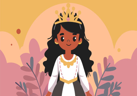 A young girl wearing a crown and a white dress. She is smiling and looking at the cameraのイラスト素材